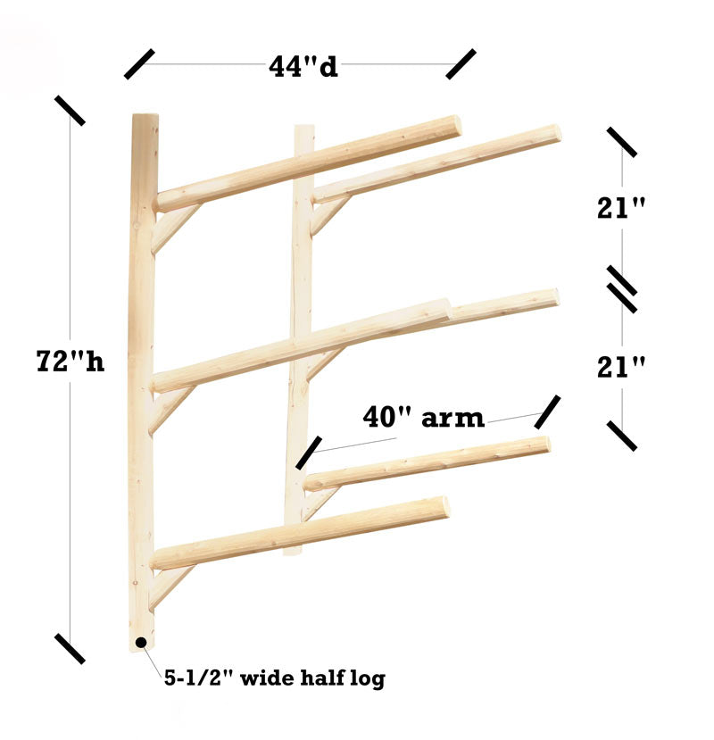 3 Boat Log Kayak Wall Rack showing dimensions.  The arm length is 44 inches (depth).  72 inches shown for the total heigh.  5.5 inches is the log's width.  21 inches between each level. 44 inches total space coming off the wall. 
