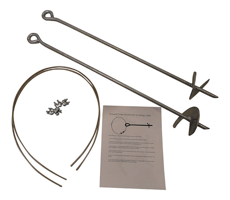 30" anchor kit shown in the complete setup with assembly manual, security cable, clamps, and anchors themselves. Shown on a white background.