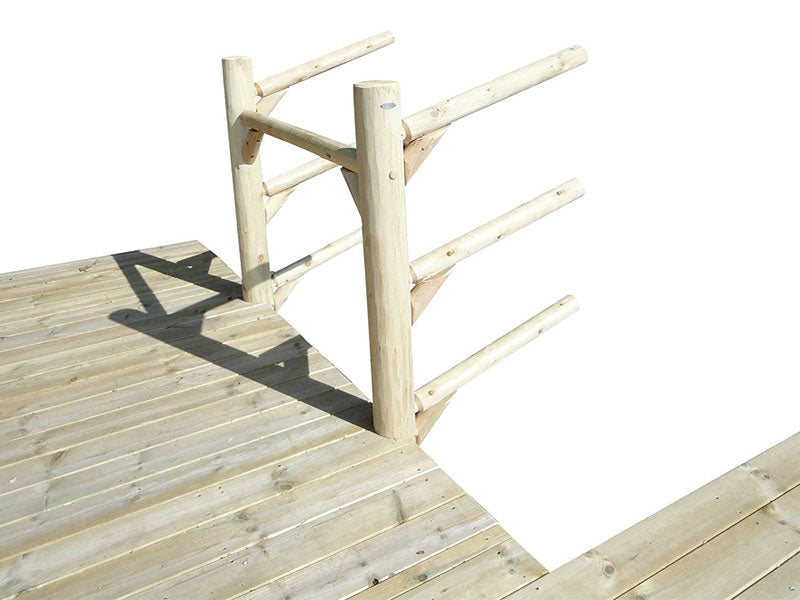 Side angle of the SUP & Kayak Dock Rack. The rack is shown directly mounted to a deck or dock.  The background of the image is white. 