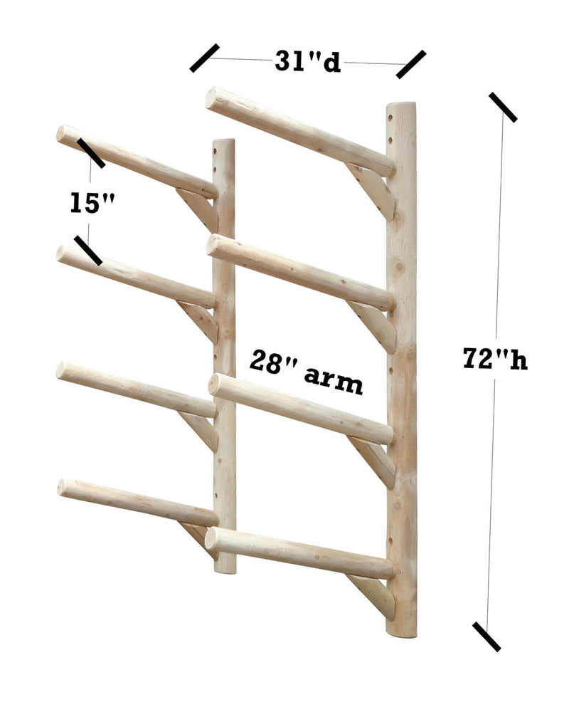 4 Level Log Kayak, Canoe, and SUP rack shown on a white background showing dimensions:  72 inches high, 28 inch arm length, 31 inch total depth, and 15 inches between each level.  Angle showing the watercraft holder from the side