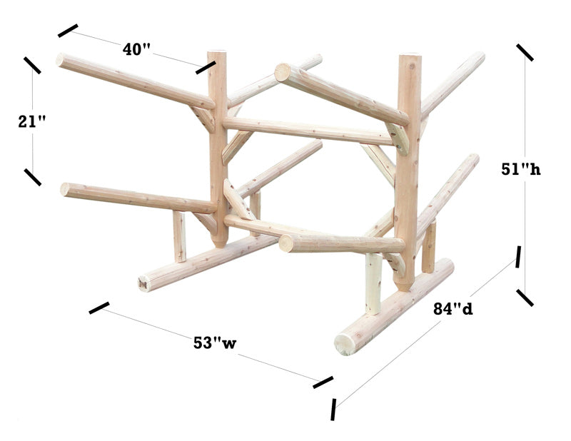 Log Kayak Rack showing dimensions of the freestanding wooden rack.  51 Inches High.  84 Inches Deep.  53 Inches Wide.  21 Inches between levels.  40 Inches are the length of the arms. 