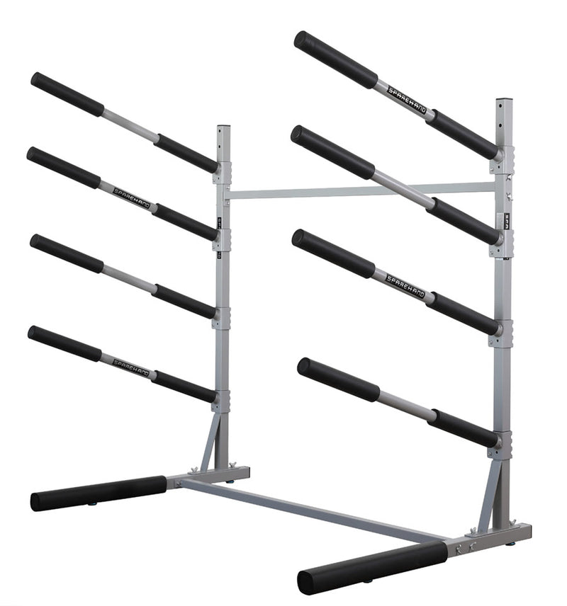 Metal freestanding Stand Up Paddleboard rack that has 4 levels for boards.  The metal is finished with a grey coating.  The arms have rubberized padding for protection.  The padding at the bottom of the rack is good to store a kayak as it has rubber padding. The image has a white background. 