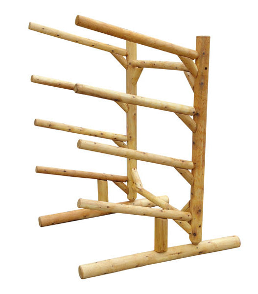 4 level one-sided wooden log rack made for kayaks stand up paddle boards, and a single canoe.  This log rack is all weather, and is shown over a white background. 