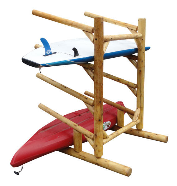4 level one sided canoe and kayak rack shown from the rear-side having a single SUP board that has blue on it in, stored in the middle of the rack, and a red kayak on the bottom rung. All on a white background. 