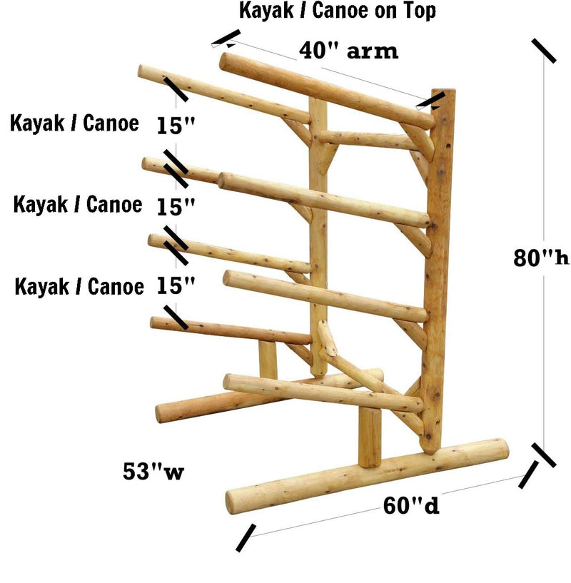 Dimensions shown for 4 level same sided wooden kayak and canoe wooden log rack. 80 Inches in height. Each Rung is 40 Inches. 53 Inch Total Width. 60 Inch Depth. 15 Inch between rungs. Having a white background. 