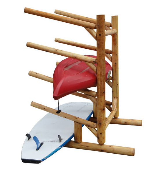 Side profile pic of the single sided 4 boat watercraft log rack.  The rack is holding two watercraft: one red kayak and one SUP board. 