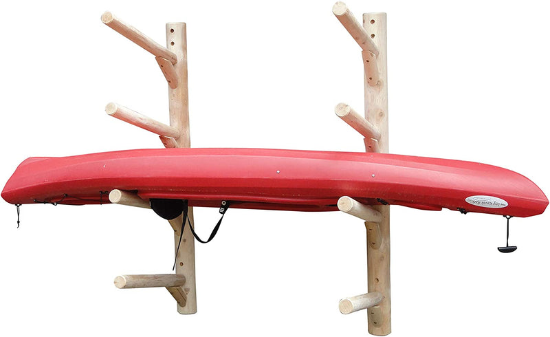 4 Level Log Kayak, Canoe, and SUP rack shown on a white background holding a red kayak. Angle showing the watercraft holder from the front.