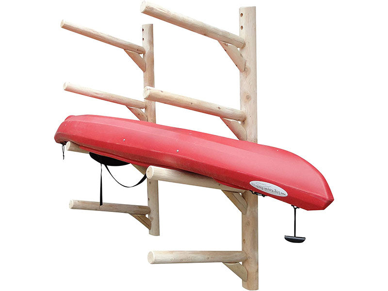 4 Level Log Kayak, Canoe, and SUP rack shown on a white background holding a red kayak.  Angle showing the watercraft holder from the side