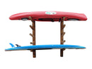 5 SUP / 4 SUP + 1 Kayak Log Wall Rack Storage Front View. the rack is canyon brown in color (dark brown). The rack is holding a red kayak on the top level, and a blue SUP board at the lowest level. The rack is mounted to a white wall. 