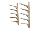 5 Board Stand Up Paddle Board Wall Rack Unfinished shown mounted to a white wall.  The rack is made of wood logs. 