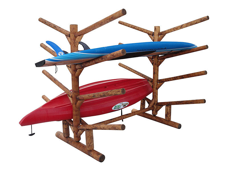Dark Wooden log freestanding SUP and Kayak rack on a white background.  Holding a Blue Stand Up Paddle board and Red Kayak, laying flat in the horizontal position. 