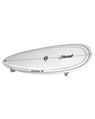 Main image of the Clear Acrylic Surfboard Wall Rack that shows the surfboard  Angled Up shown on a white background. The rack is holding a Stewart longboard with a black pinstripe along the rails.