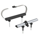 Close up image of the seatrack automative seat surfboard board holder.  The rack is made of aluminum, and has rubber padding for protection.  There is also safety straps on each side of the rack to provide stability for boards.  The image is on a white background. 