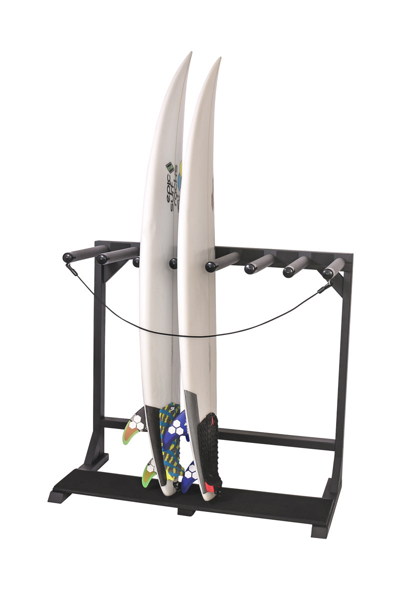 Main picture of the BlackOut Foamy Surf Rack.  The rack is black and has slots for 7 surfboards.  The image is on a white background, with the black wooden rack holding two surfboards. 