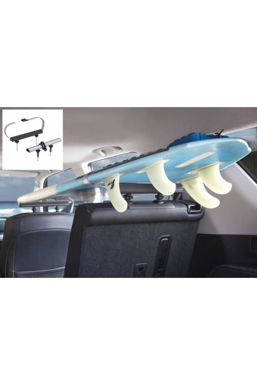 Car Seat Surfboard Rack, showing how you turn the headrest of a passenger seat to a surf rack. The rack is holding a blue surfboard.  In the upper left corer the actual mount is shown on a white background. 
