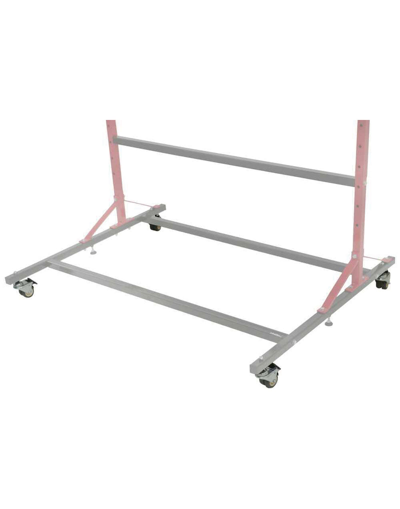 Freestanding Rack Base showing Casters mounted - the rack is greyed out to emphasize the wheels being mounted.  image shown on a white background.