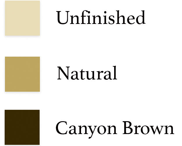 Color Board showing the unfinished, natural, and canyon brown wood finishes and their color approximation for the log watercraft storage racks by Epic Surf Racks