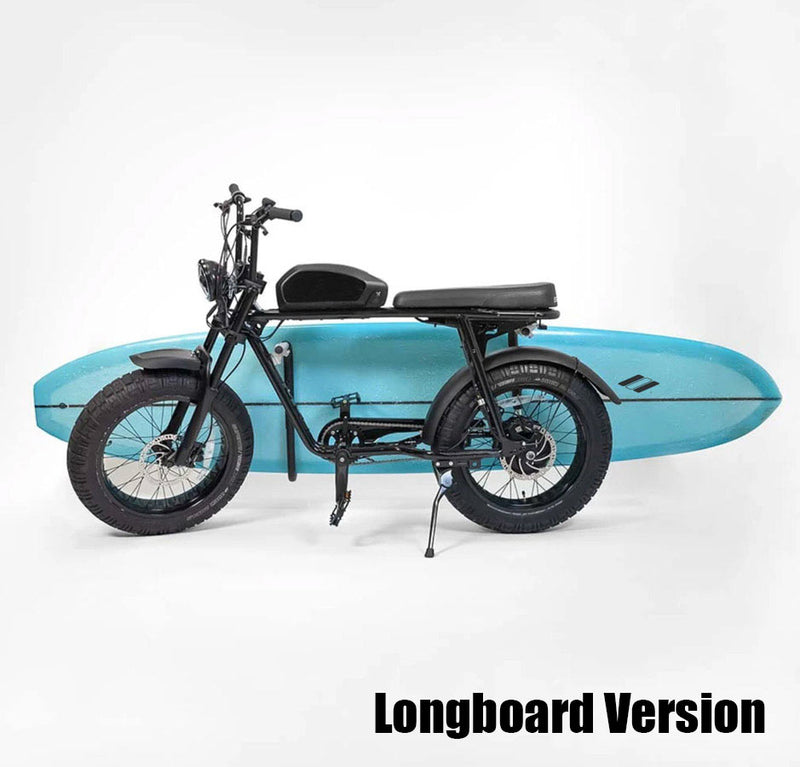 Black e-bike shown holding a blue longboard using the e-bike longboard racks.  Black text at the bottom right of the image reads "Longboard Version"
