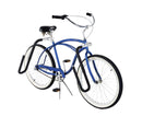 Dual-Mount surfboard rack shown Installed on a rear bicycle luggage rack. The bicycle is a beach cruiser and is blue in color.