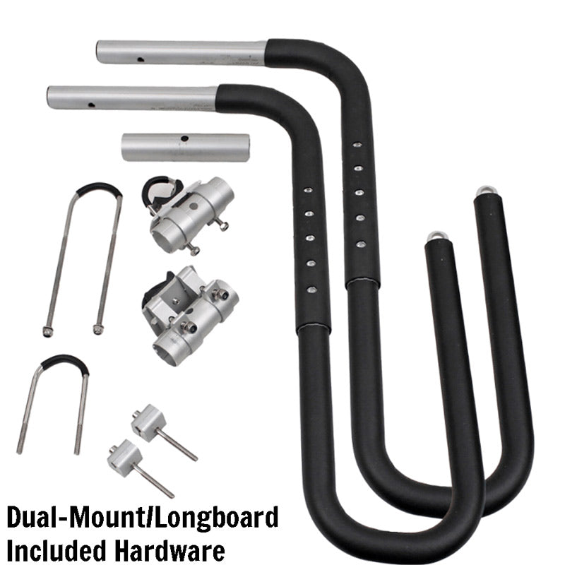 Aluminum surfboard hooks shown laying flat with various mounting options included with the dual-mount/longboard version of the e-bike