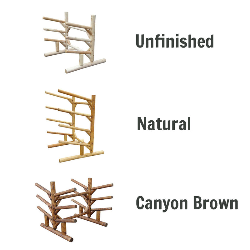 Picture showing the various Log SUP, Canoe, and Kayak finish options. Unfinished is on top with the lightest color wood, a natural finish example is in the middle with more of a yellow wood, and Canyon Brown is shown as the example on the bottom having the darkest wood finish. All on a white background.