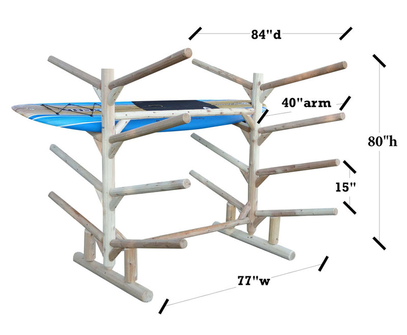 Dimensions of Log freestanding SUP & Kayak rack. 84 Inches Deep. 74 Inches High. 77 Inches Wide. 15" inches between storage slots. The arms are 40" wide. White background.