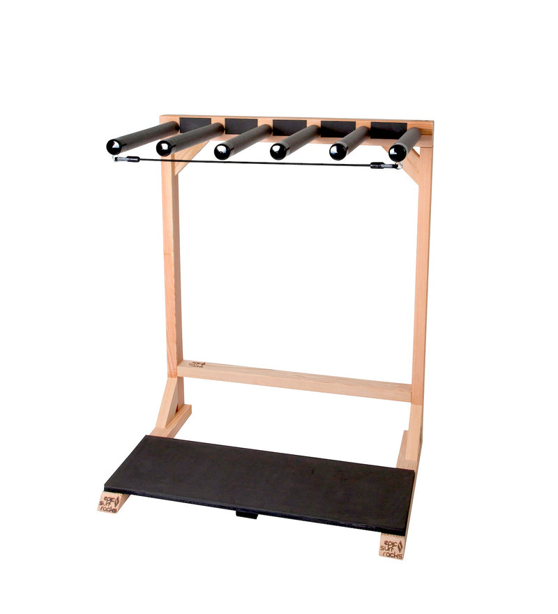 Front facing image of the SUP Foamy - 3 Board Stand Up Paddle / Longboard Rack.  The freestanding wooden rack is holding no boards, and is on a white background. 