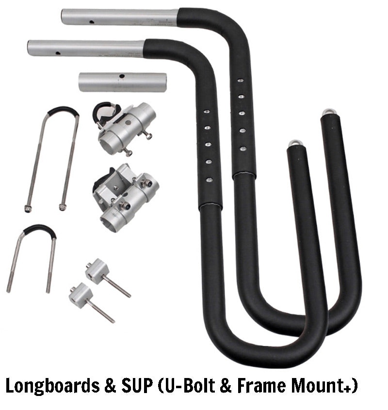 Overhead pic of the hard ware for Longboards & SUP (U-Bolt & Frame Mount+) shown on a white background. 