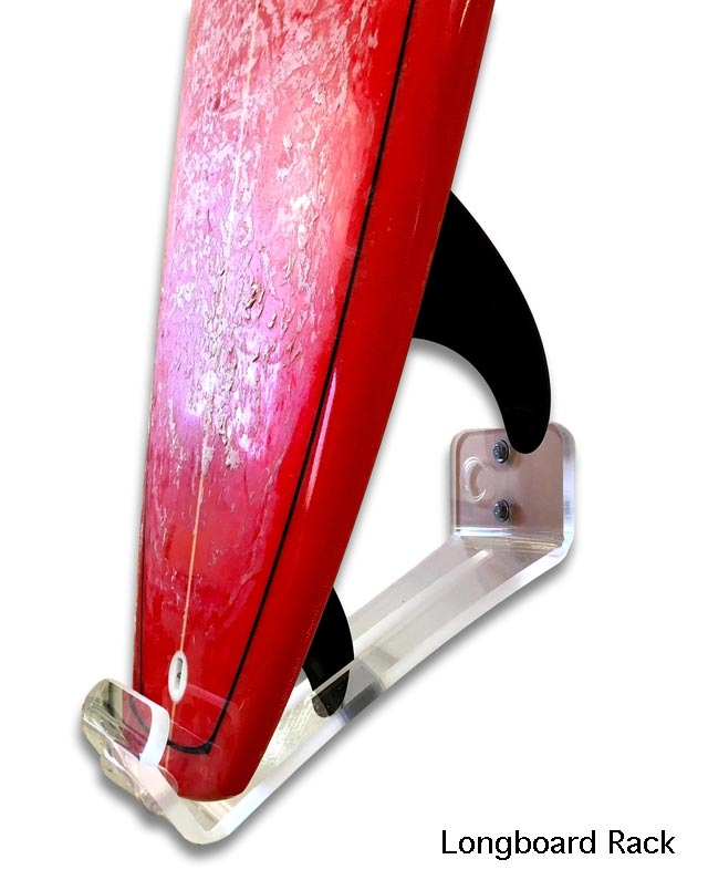 Acrylic Longboard wall mounted display rack. Base close up with red surfboard.  Display with fins installed. The text "Longboard Rack" is displayed at the bottom right corner of the image.  The longboard rack is mounted directly to a white wall. 