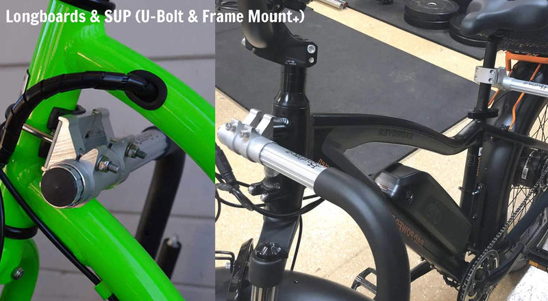 Close up of mounts for e-bike rack for Longboards showing the front mount with u-bolts and the other mount is directly bolted into the electric bike.  Text in white says Longboards & SUP (U-Bolt & Frame Mount+)