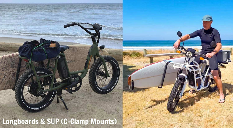 2 electric bike images shown next to each other one is a green bike holding a longboard next to the ocean , the other is a man sitting on a white e-bike next to the beach on a sunny day.  White text says Longboards & SUP (C-Clamp Mounts) 