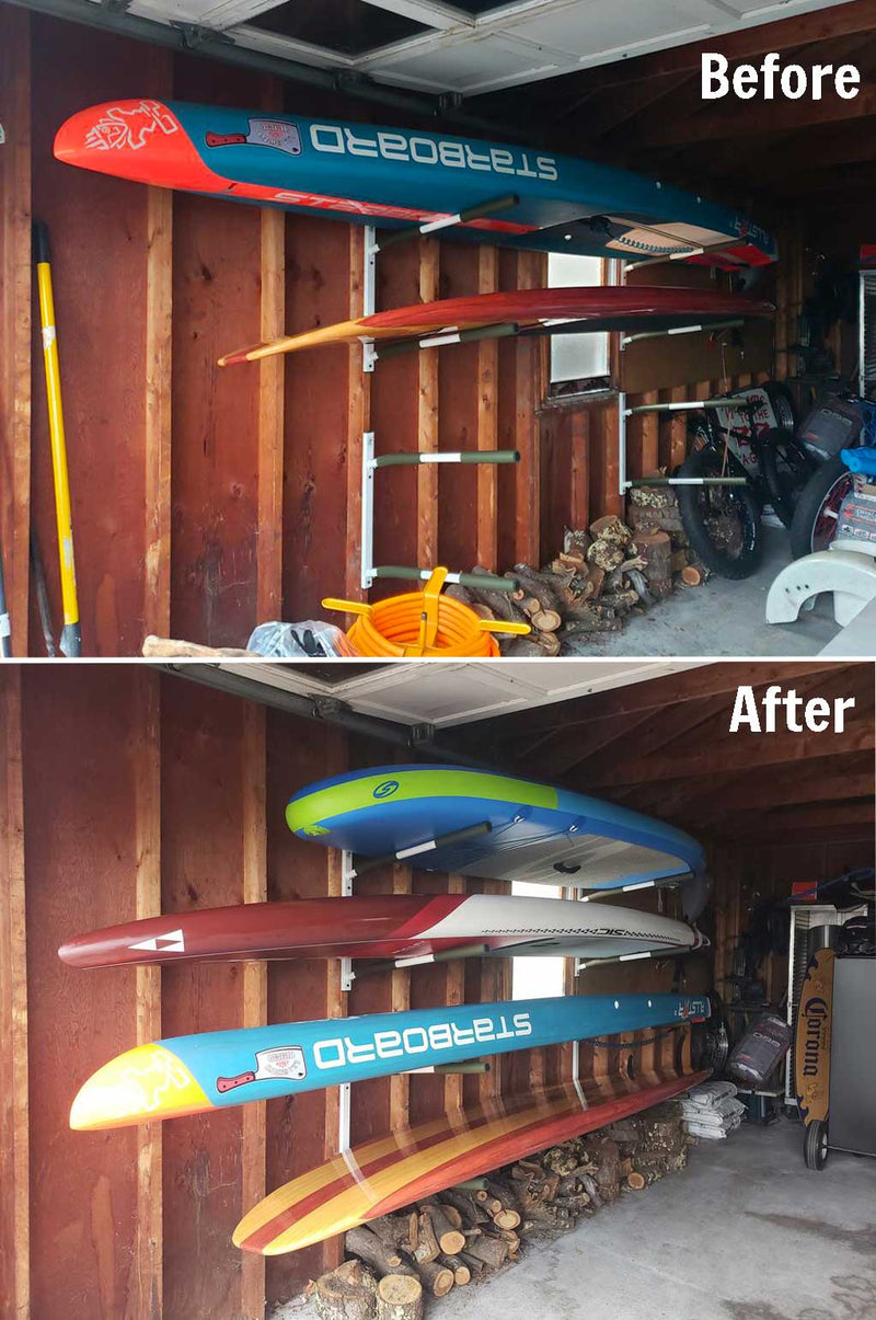 Surfboard / SUP / Kayak White wall rack showing a before & after in a garage holding SUP boards, surfboards & Wave Ski's.  The before picture has lots of items in the garage spread throughout, while the after shows the watercraft neatly organized and much less clutter