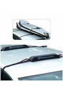 Single wrap rax shown mounted on the roof of a silver car without any surfboards.  There's also another image above showing the same surf rack with two surfboards securely being transported on the same vehicle.
