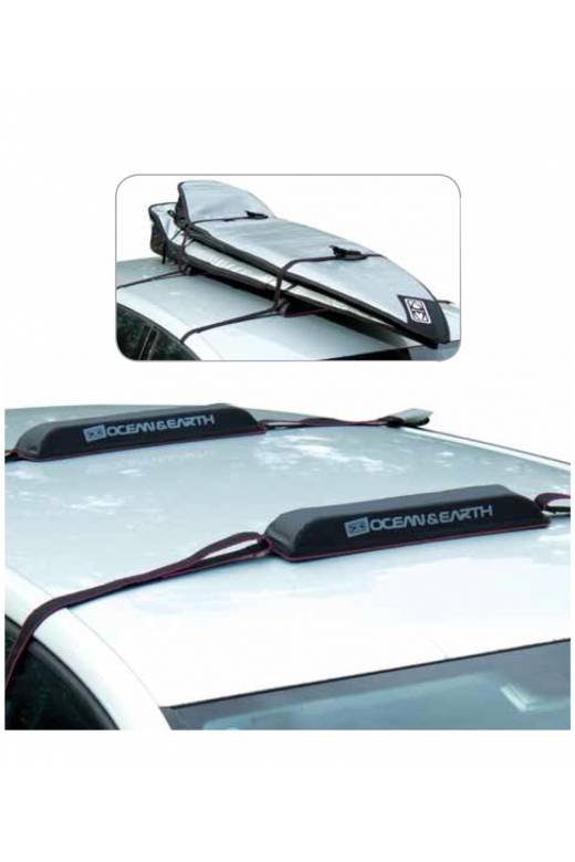 Single wrap rax shown mounted on the roof of a silver car without any surfboards.  There's also another image above showing the same surf rack with two surfboards securely being transported on the same vehicle.