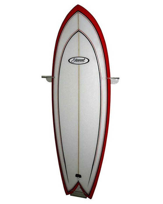 Red and white surfboard shown being held by the Clear Vertical Acrylic Surfboard Wall Rack.  Picture is on a white background to show how the rack mounts the surf board.