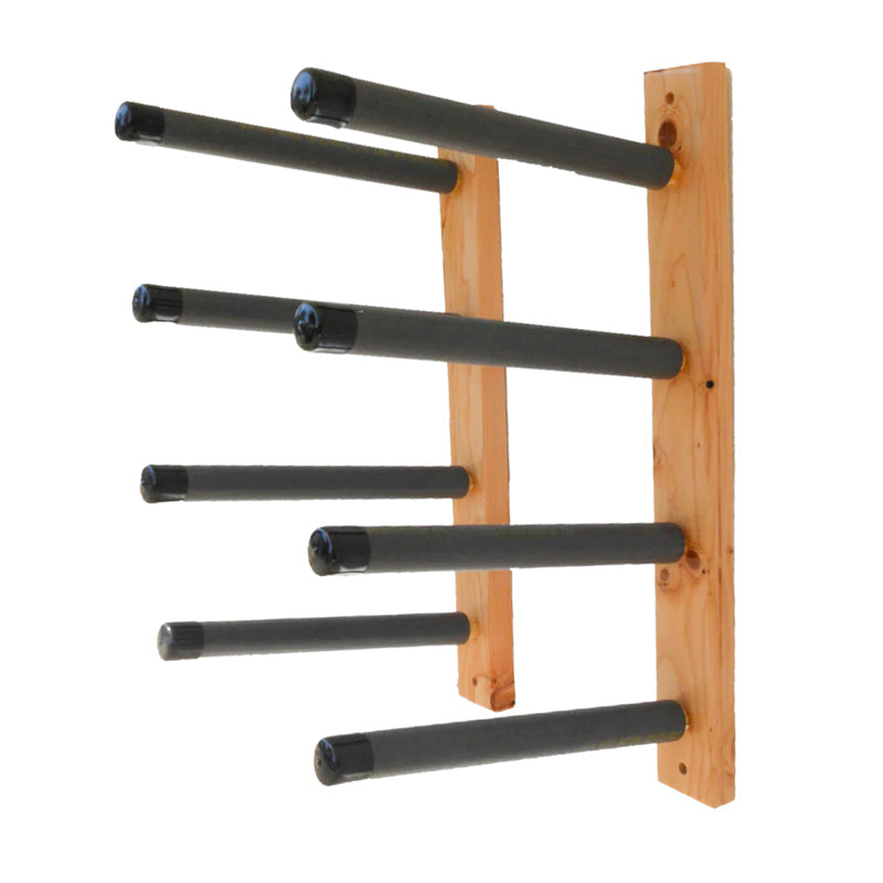 Wooden surfboard wall rack showing 4 rungs on each side of the rack.  Dowels are covered in a grey foam with black endcaps.  The wood is covered in a high gloss finish and has a white background. 