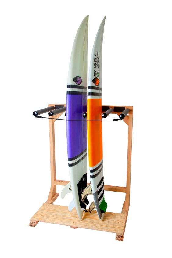Woody Surf Rack shown on a white background.  The rack is holding two high performance surfboards in the middle of the rack.  This is a vertical freestanding surfboard rack hand-made of high quality wood. 