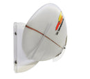 Close up of the Clear Acrylic Surfboard Wall Rack that is Angled Down.  The rack is holding a single surfboard, with the board having the face of the board angled down at a 45 degree angle.  The rack is clear (transparent), and the image is on a white background. 