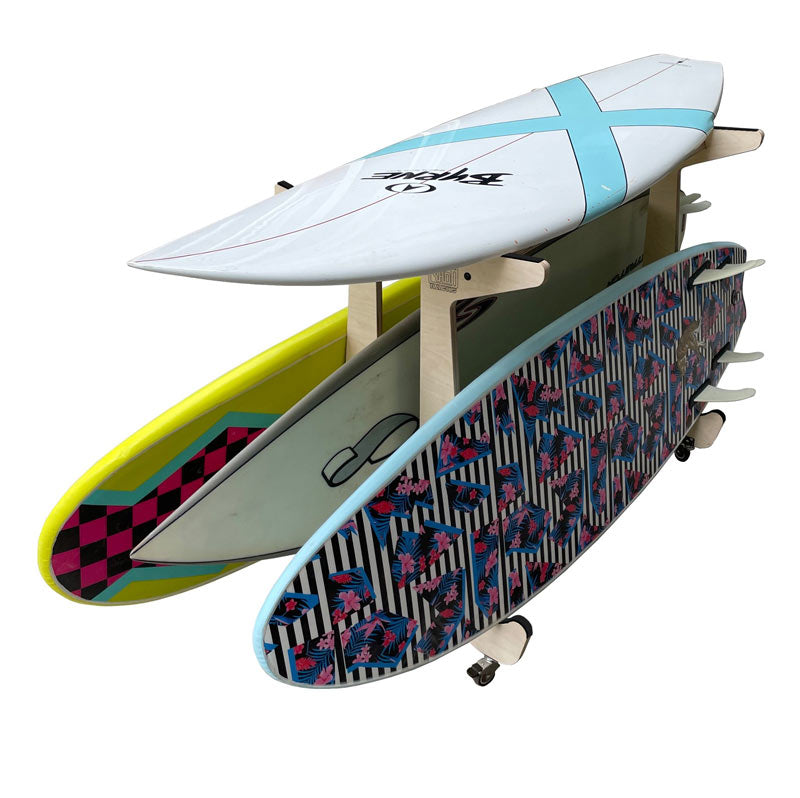 epic board horse holding 4 surfboards.  The rack is made of wood, and is sitting on casters. 