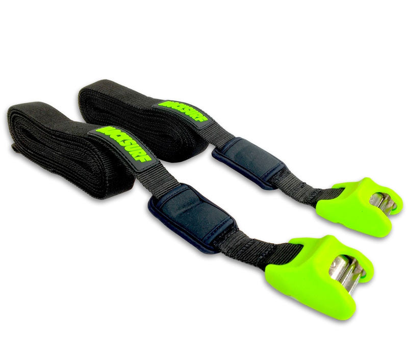 Premium tie down straps for surfboards, luggage, kayaks, SUP and more. Black straps with Green protective silicone encased buckle.  All Stainless steel components 