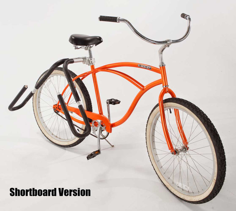 Single mount point e-bike surf rack mounts to seat post showing mounted on an orange beach cruiser.   Text at the bottom of the image reads "Shortboard Version"
