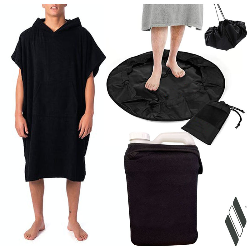 Epic Surf Racks Stay Warm bundle showing a wetsuit changing poncho, changing mat/bag, and shower tank